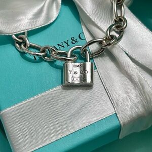 Authentic Tiffany & Co Oval Clasping Link Bracelet w/ Padlock Charm